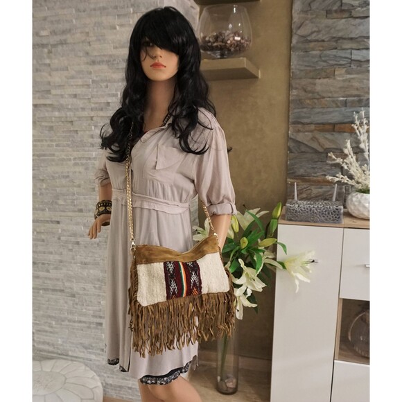 Moroccan Handira Suede Leather Fringe Clutch Bag Kilim Purse - Picture 4 of 10